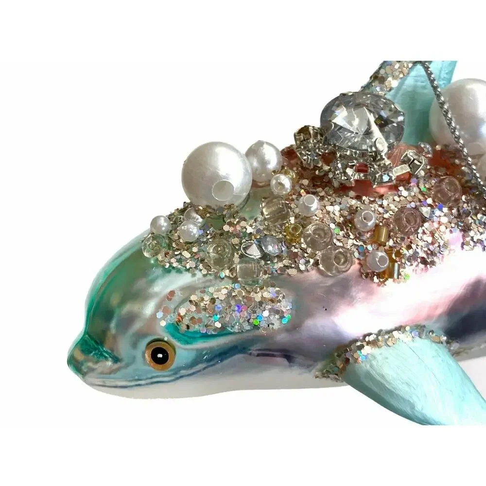 Dolphin Christmas Ornament Blue Glass Nautical Ocean Seaside Jeweled‎